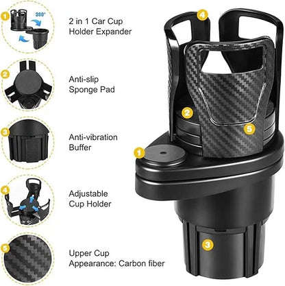 Car Cup Holder Expander Adapter II 2 in 1 Auto Adjustable Double Cup Holder Extender with 360° Rotating Adjustable Base II Water Cup Drink Holder
